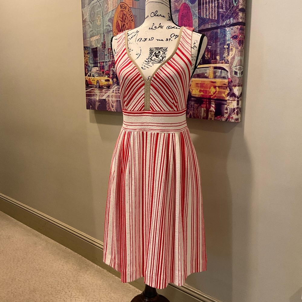 Anthropologie Red and White Pleated Midi Dress